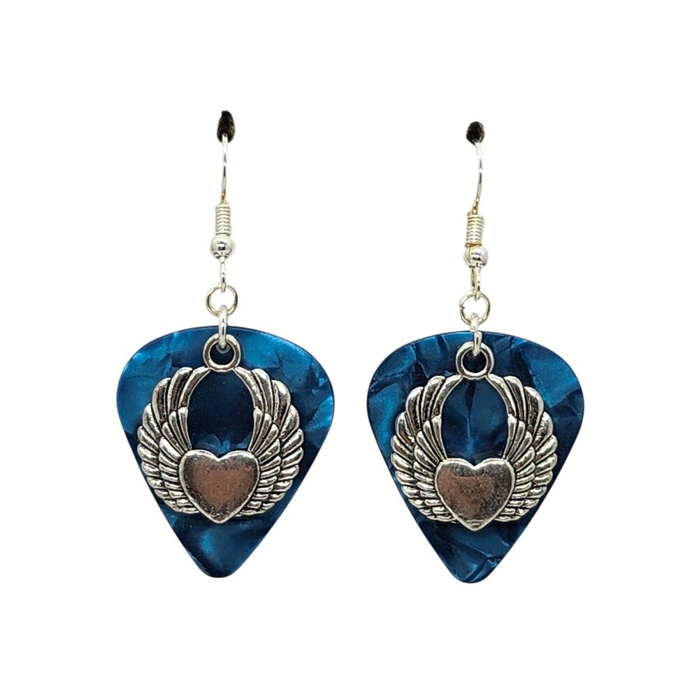 Heart with Wings Charm on Guitar Pick Earrings - Choose Color - Handmade in USA